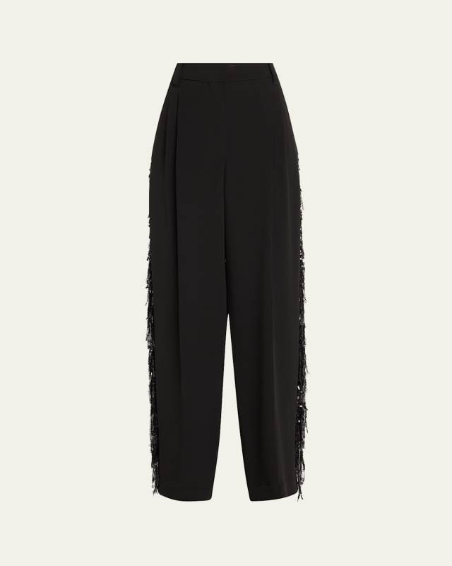 Low-Slung Paillette Waterfall Wide-Leg Tuxedo Pants